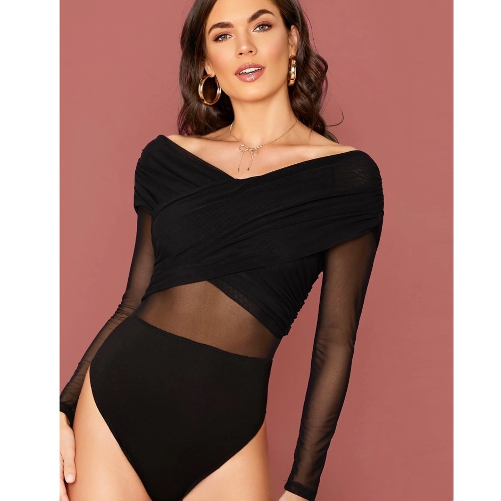 Wide V Neck Black Off The Shoulder Bodysuit Long Mesh Sleeves Slim Ruched Sheer